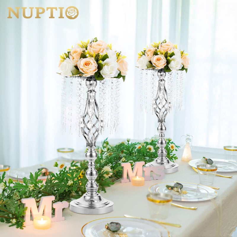 NUPTIO 2 Pcs 19.3 inches Tall Crystal Flower Stand Wedding Road Lead Tall Flower Holders Centerpiece Crystal Flower Chandelier Metal Flower Vase for Reception Tables Wedding Supplies - Image 2